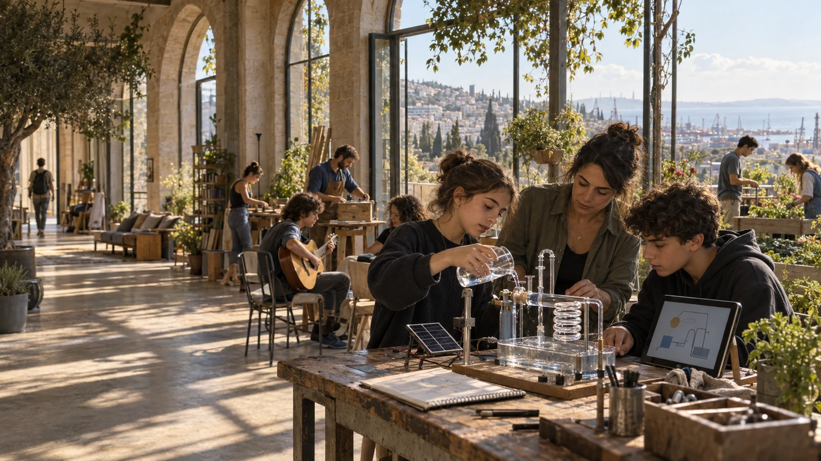המחשה דמיונית: בני נוער ומנחה בונים ניסוי במרחב למידה פתוח בחיפה