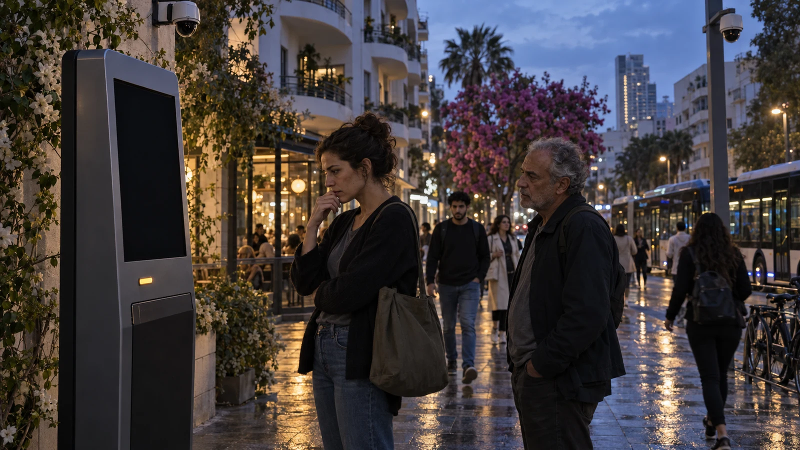 המחשה דמיונית: אנשים מול עמדת שירות ברחוב ישראלי בערב, עם מצלמות ברקע