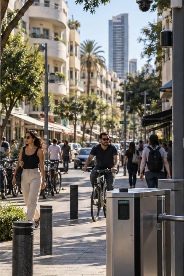 המחשה דמיונית של רחוב בתל אביב עם מצלמות וחיישנים, לא תיעוד של מערכת קיימת